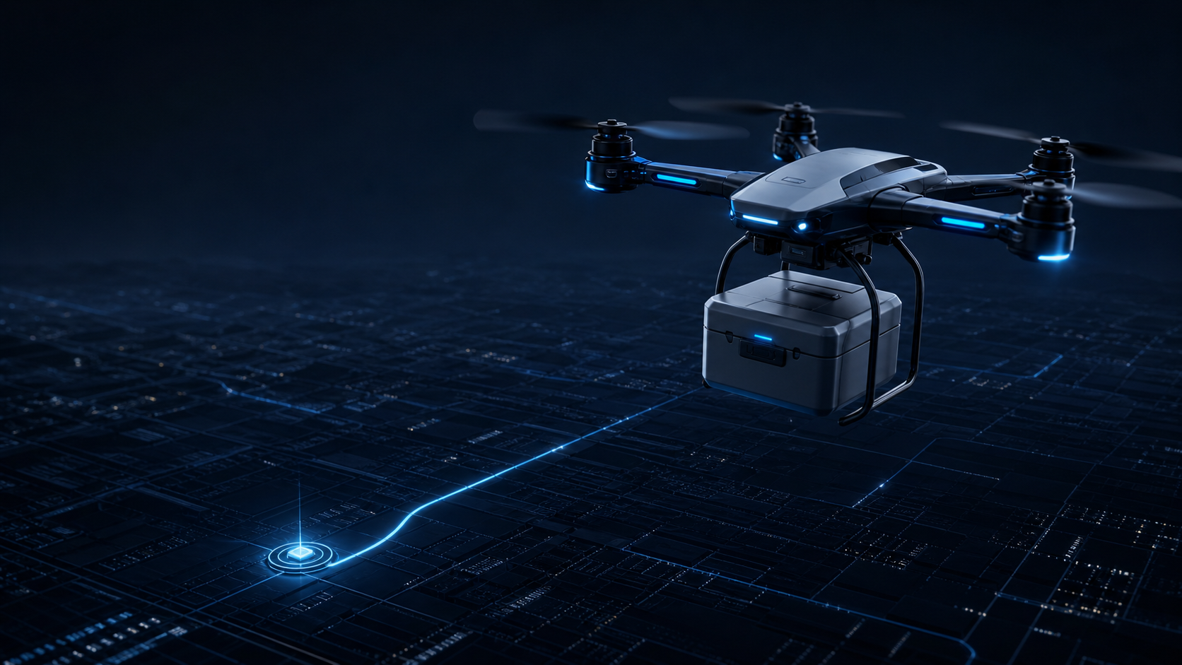 An autonomous aerial delivery drone carrying a sealed response module above an illuminated city-grid route.